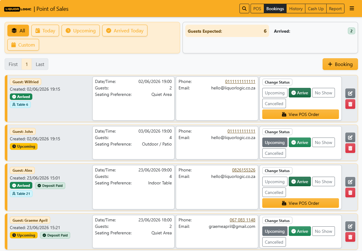 Liquor Logic Reservations screen — party size, arrival status, guest count dashboard